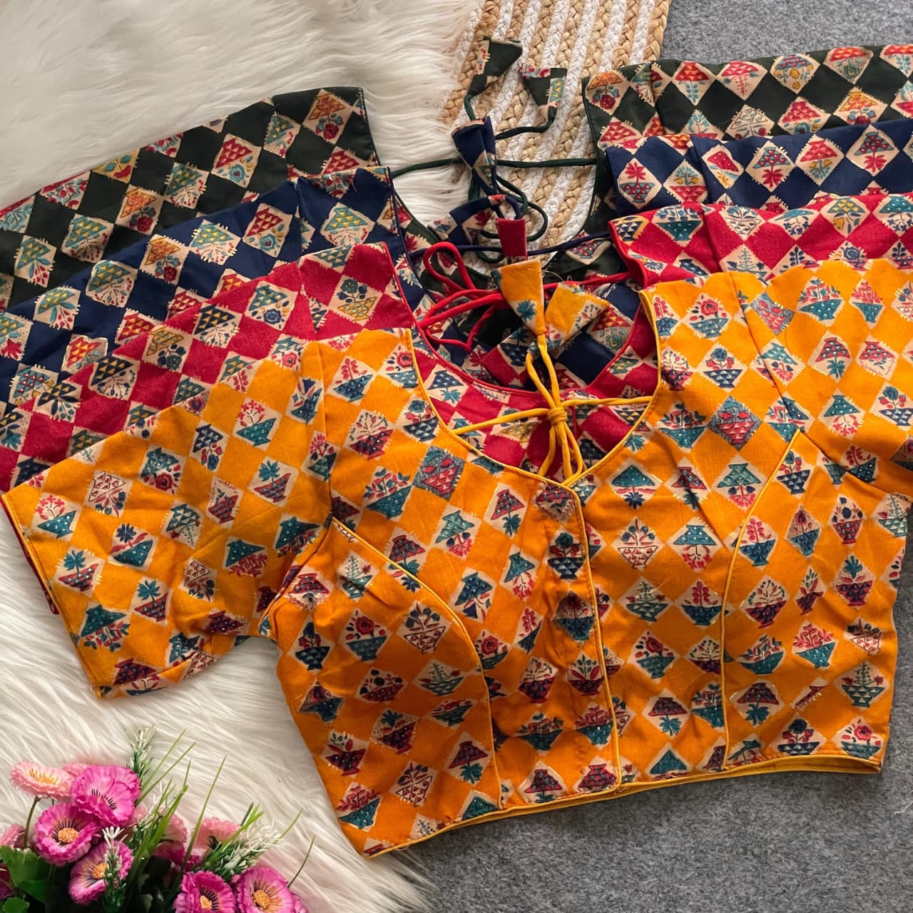 Cotton Printed Padded Designer Blouse – Front Open with Hook & Dori