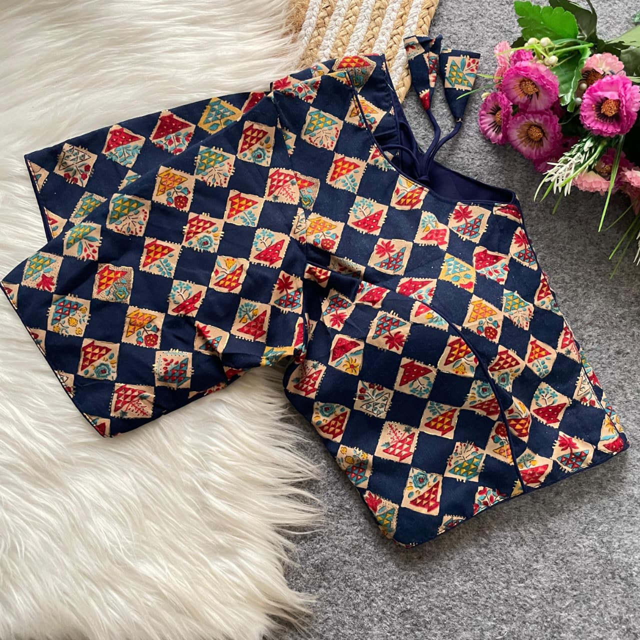 Cotton Printed Padded Designer Blouse – Front Open with Hook & Dori