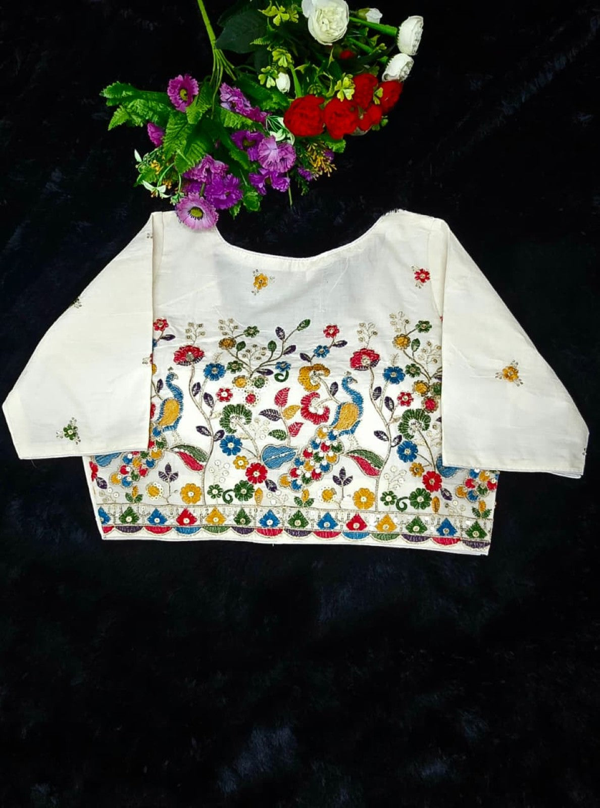 Pure Khadi Cotton Embroidered V Neck Blouse- Front Open Style