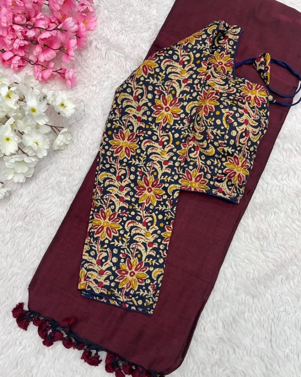 Original Khadi Cotton Saree with Readymade Long Sleeves Back Open Ajrakh Print Blouse