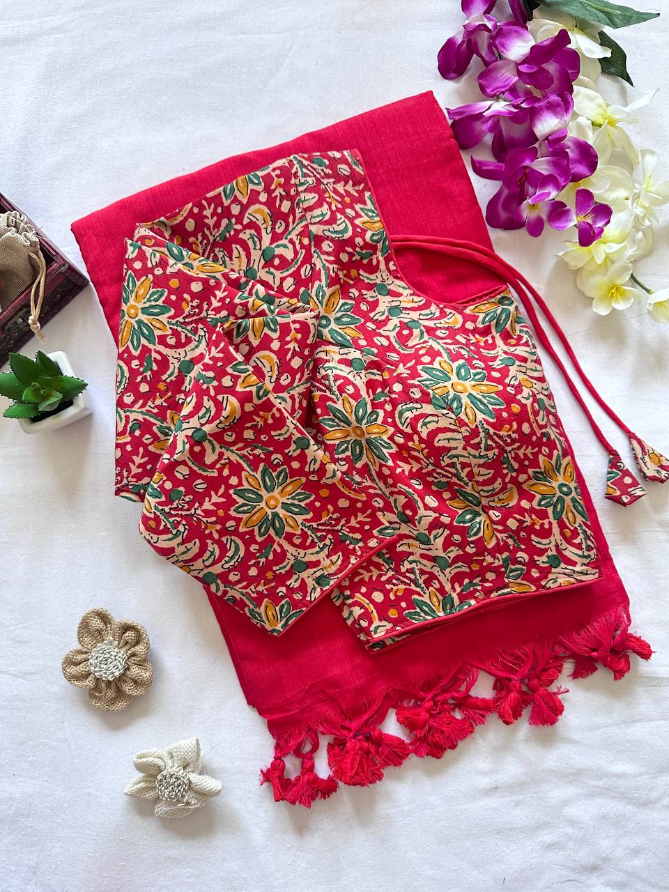 Original Khadi Cotton Saree with Readymade Long Sleeves Back Open Ajrakh Print Blouse