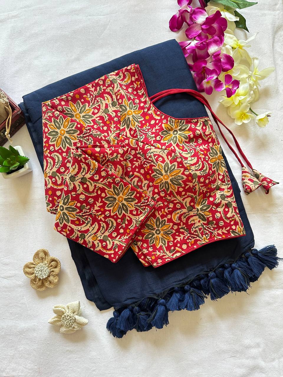 Original Khadi Cotton Saree with Readymade Long Sleeves Back Open Ajrakh Print Blouse