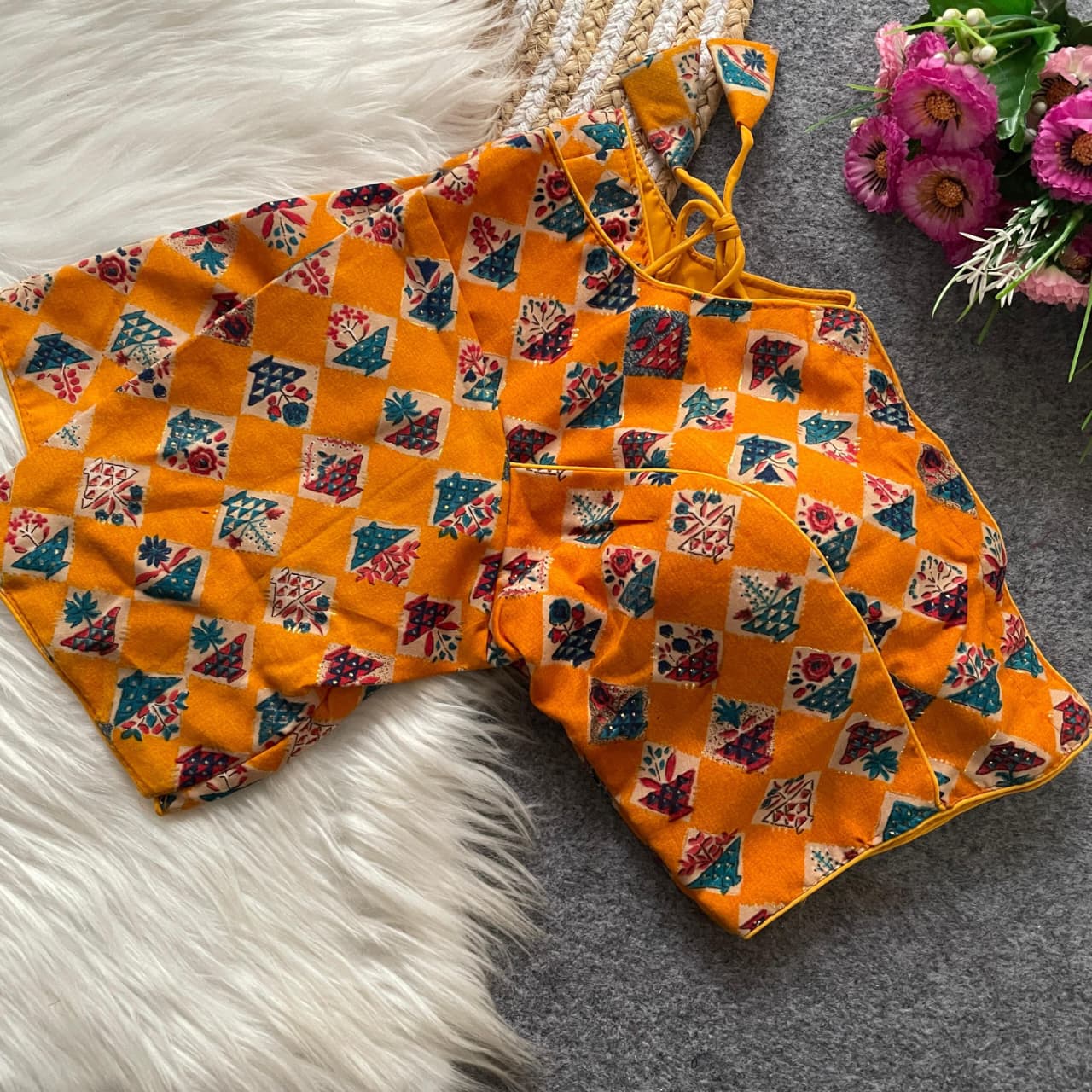 Cotton Printed Padded Designer Blouse – Front Open with Hook & Dori