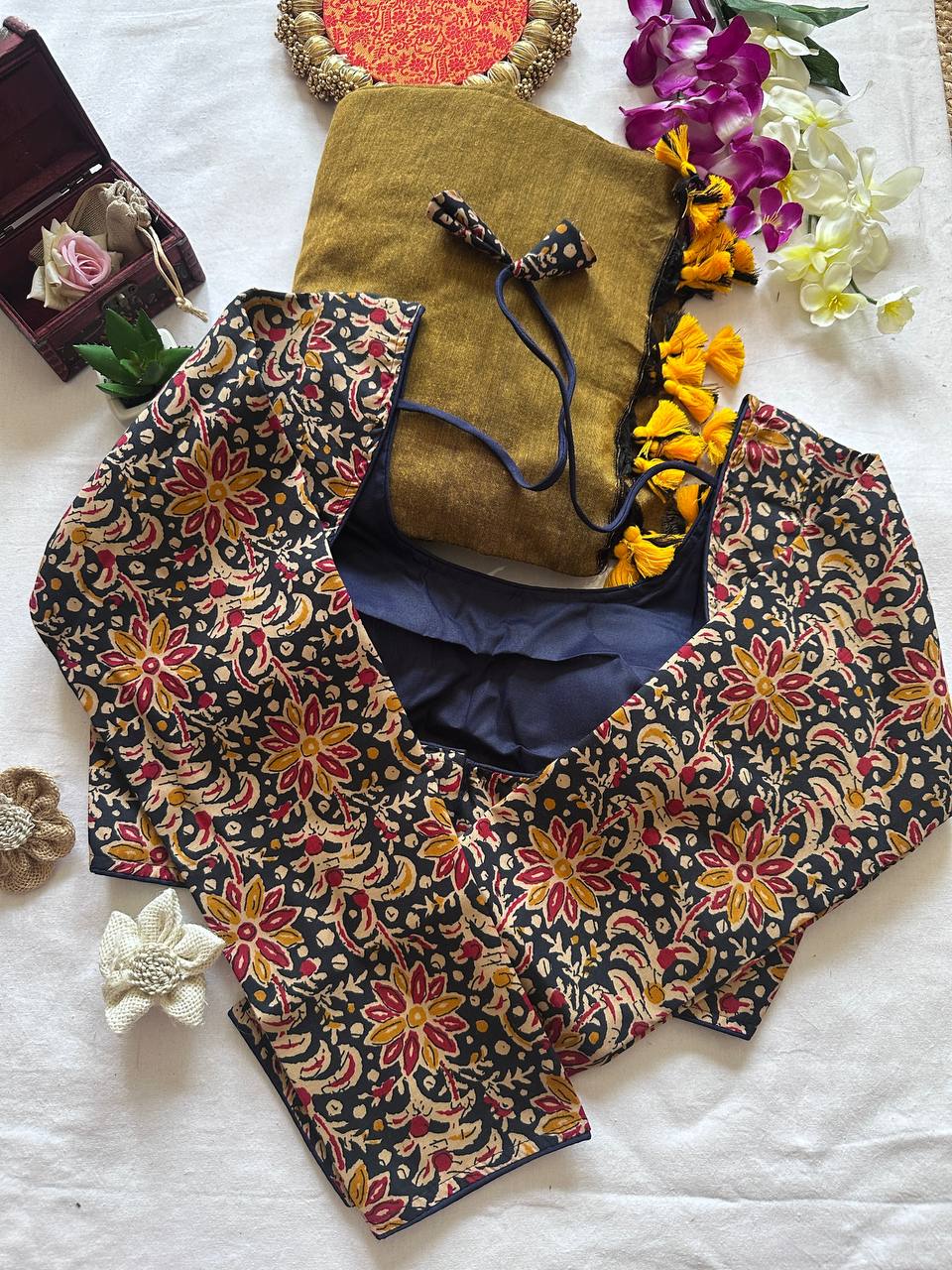 Original Khadi Cotton Saree with Readymade Long Sleeves Back Open Ajrakh Print Blouse