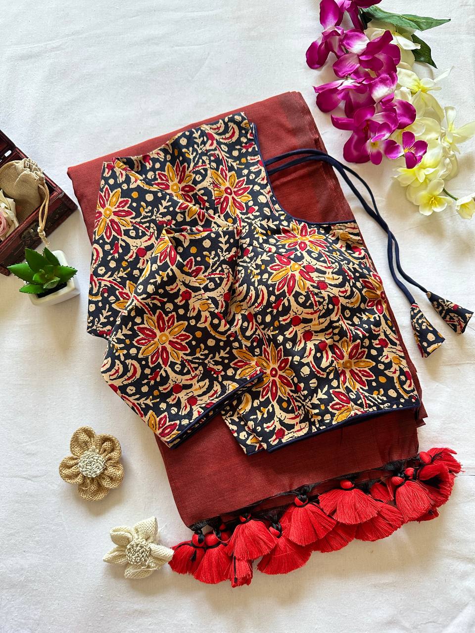 Original Khadi Cotton Saree with Readymade Long Sleeves Back Open Ajrakh Print Blouse