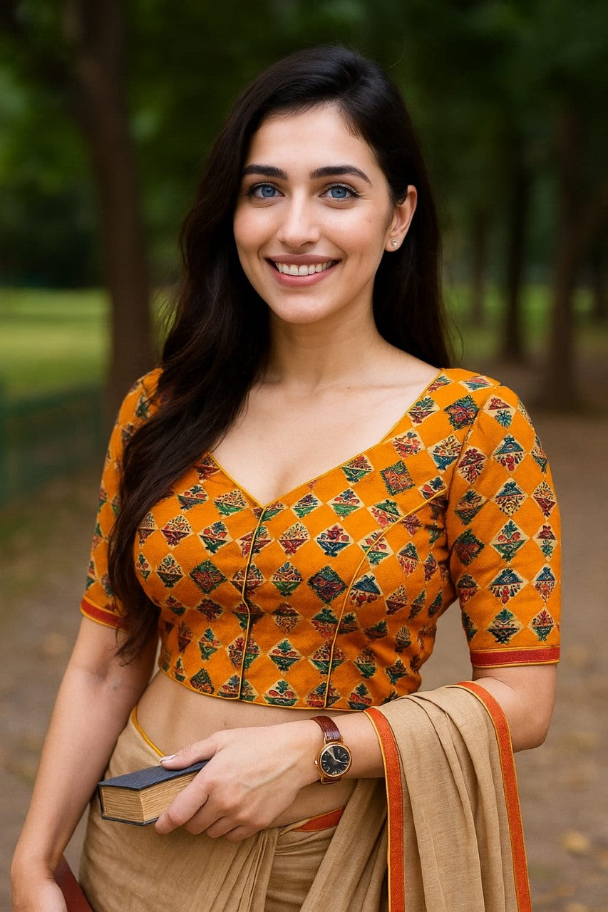 Cotton Printed Padded Designer Blouse – Front Open with Hook & Dori