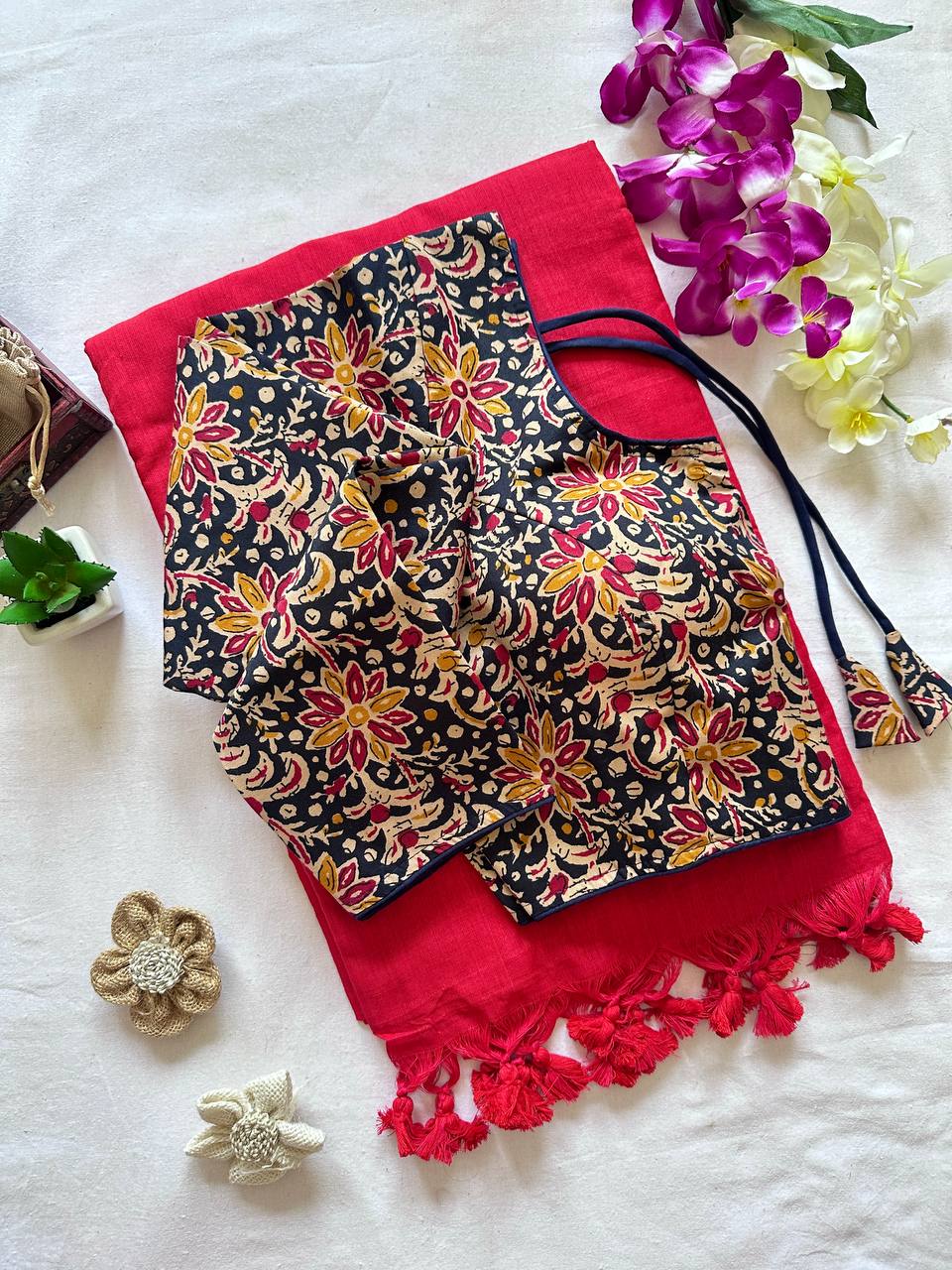 Original Khadi Cotton Saree with Readymade Long Sleeves Back Open Ajrakh Print Blouse