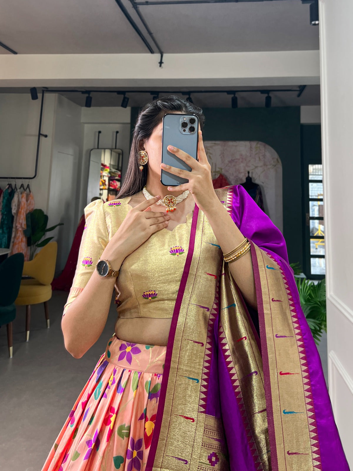 Traditional Jacquard Paithani Lehenga Set with Zari Work & Tassels – With Batwa