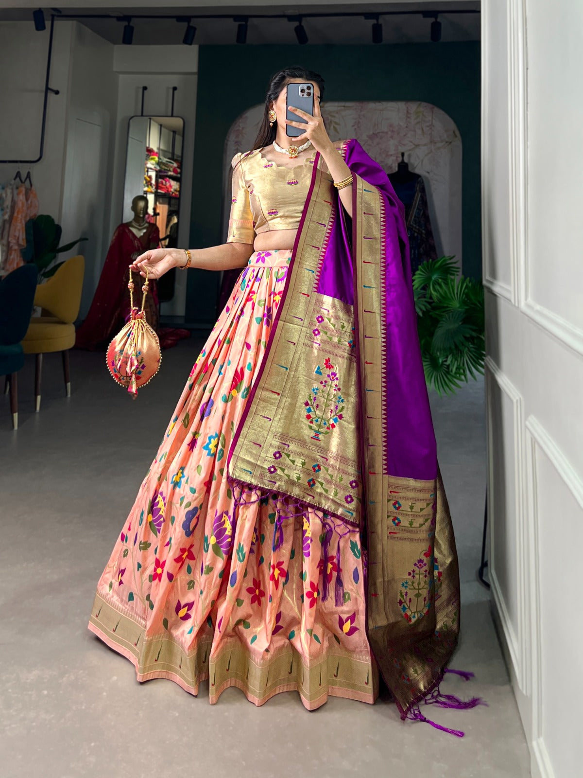 Traditional Jacquard Paithani Lehenga Set with Zari Work & Tassels – With Batwa