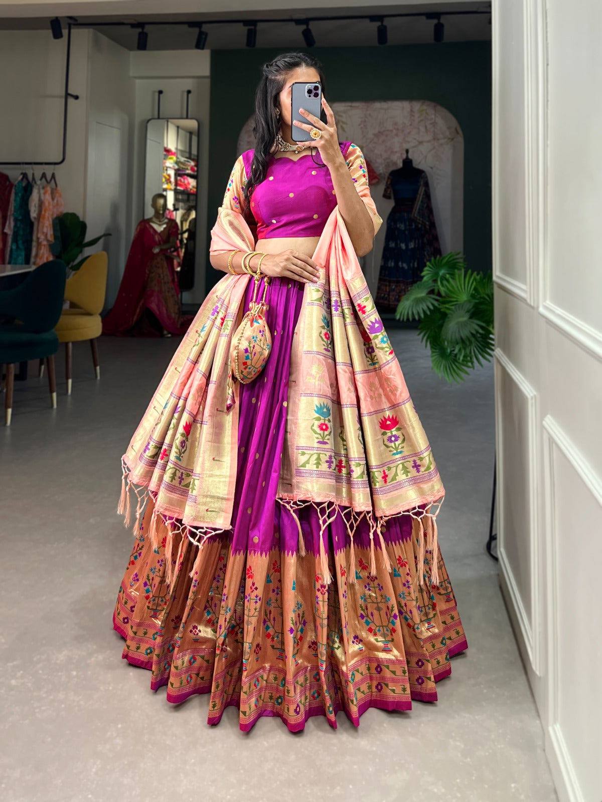 Traditional Jacquard Paithani Lehenga Set with Zari Work & Tassels – With Batwa