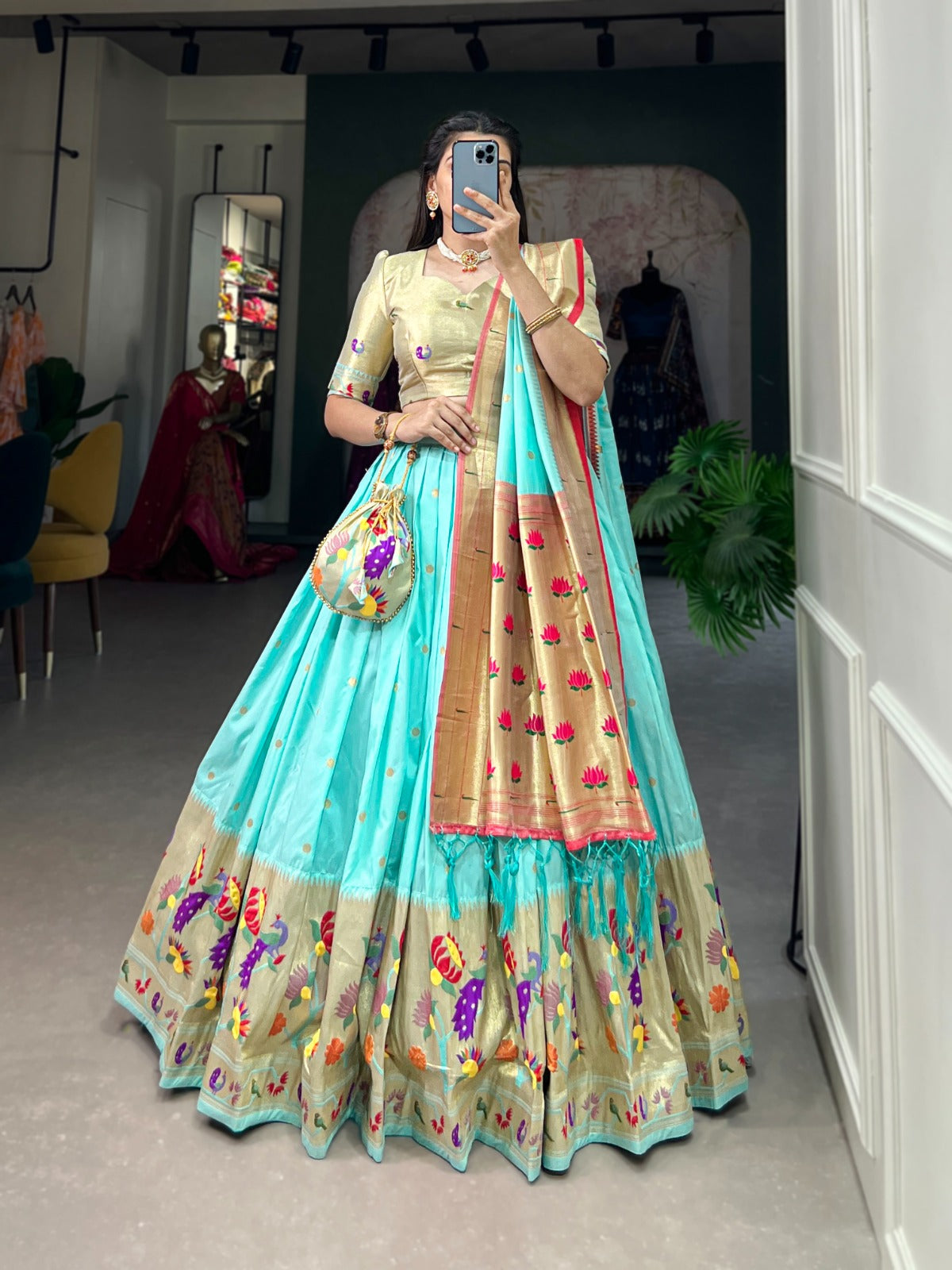 Traditional Jacquard Paithani Lehenga Set with Zari Work & Tassels – With Batwa