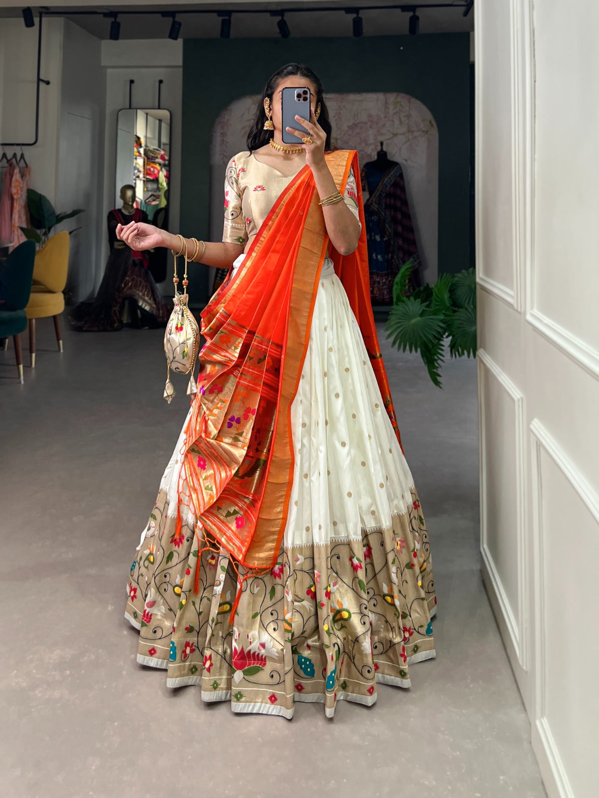 Traditional Jacquard Paithani Lehenga Set with Zari Work & Tassels – With Batwa