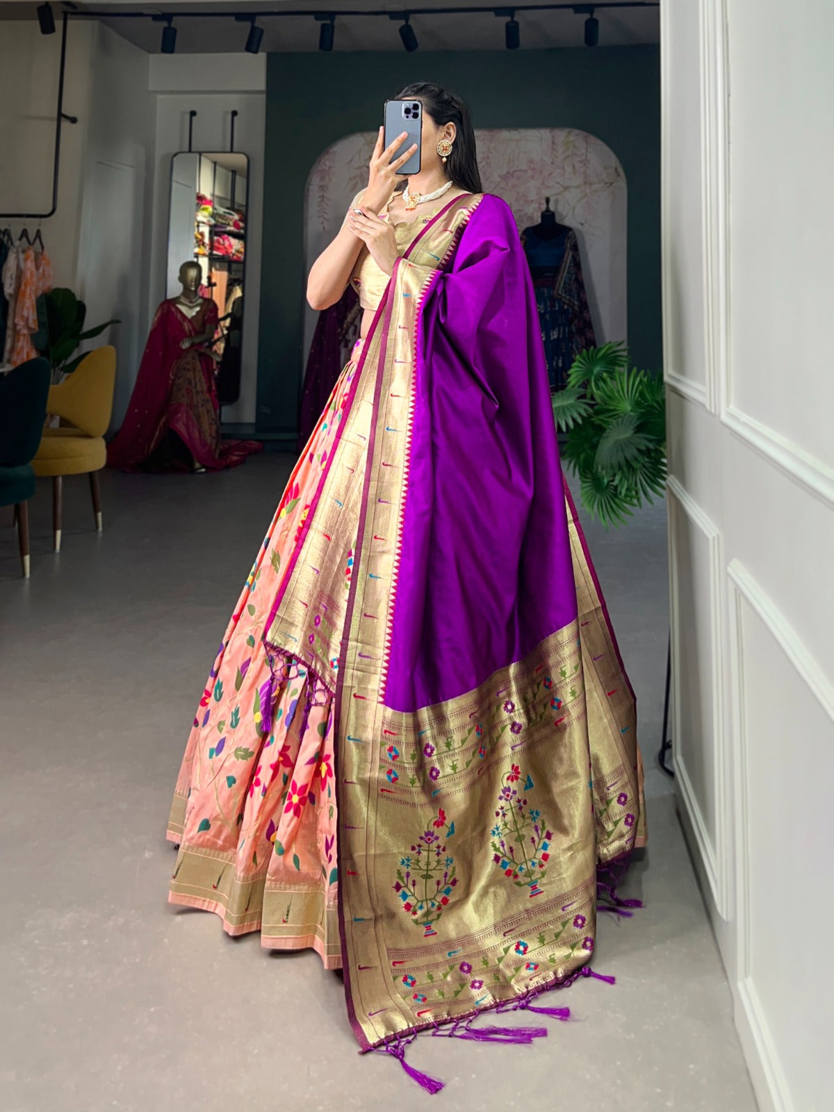 Traditional Jacquard Paithani Lehenga Set with Zari Work & Tassels – With Batwa