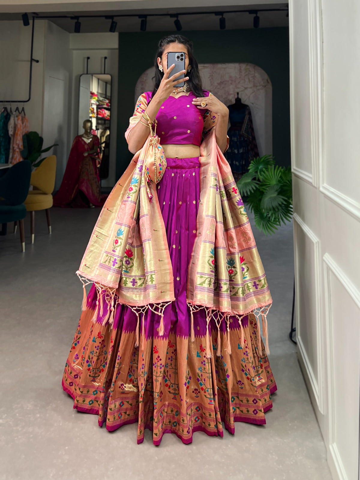 Traditional Jacquard Paithani Lehenga Set with Zari Work & Tassels – With Batwa