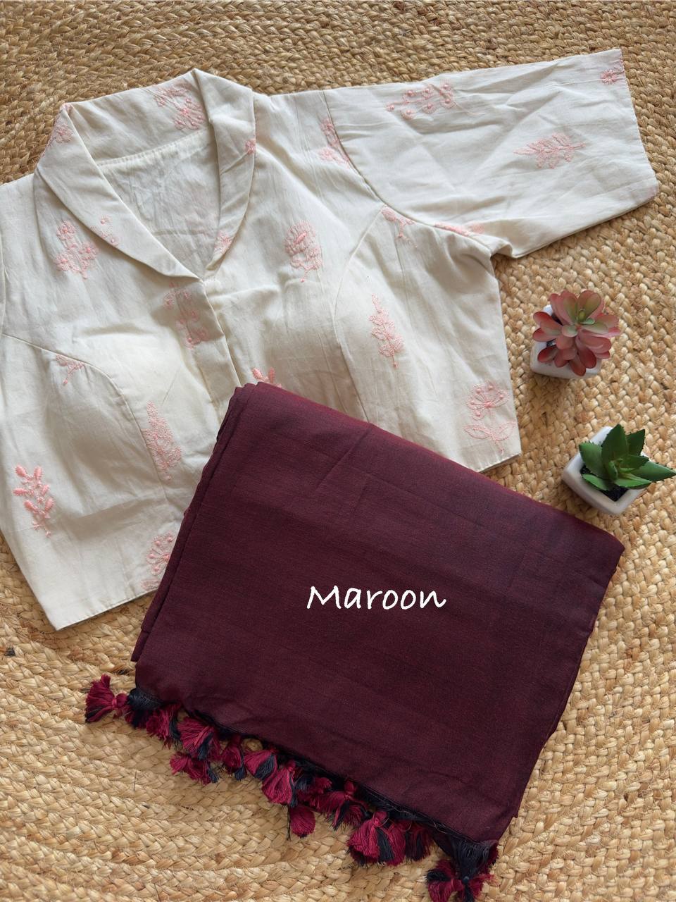 Elegant Pure Khadi Saree with Stitched Handcrafted Collar Blouse- Front Open