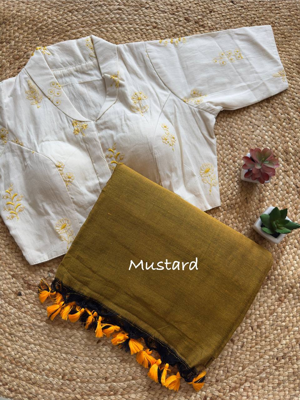 Elegant Pure Khadi Saree with Stitched Handcrafted Collar Blouse- Front Open
