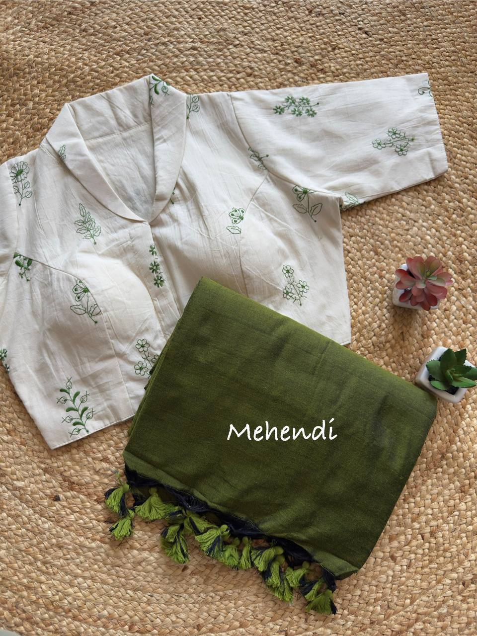 Elegant Pure Khadi Saree with Stitched Handcrafted Collar Blouse- Front Open