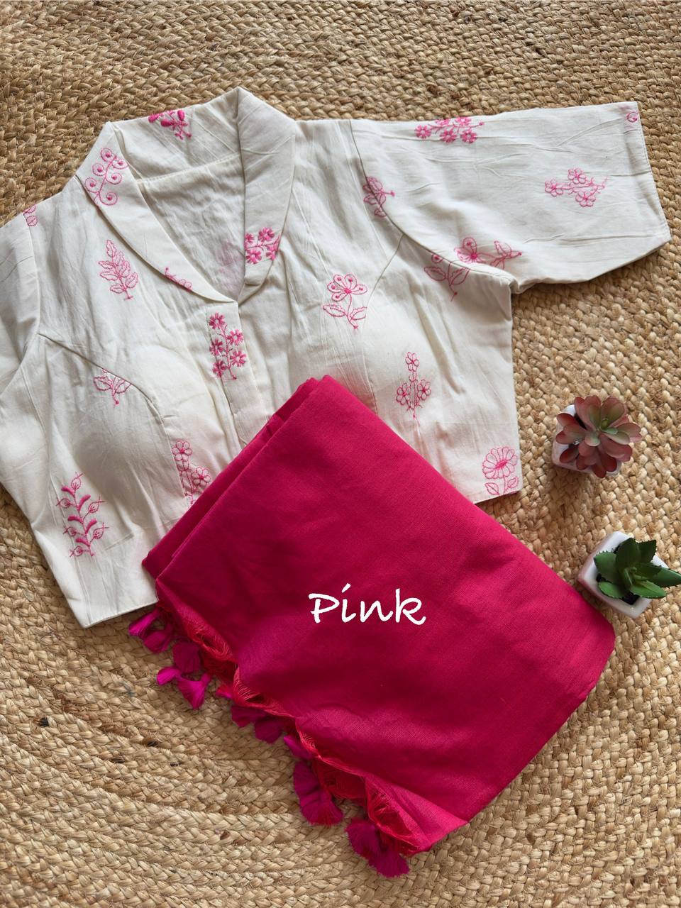 Elegant Pure Khadi Saree with Stitched Handcrafted Collar Blouse- Front Open
