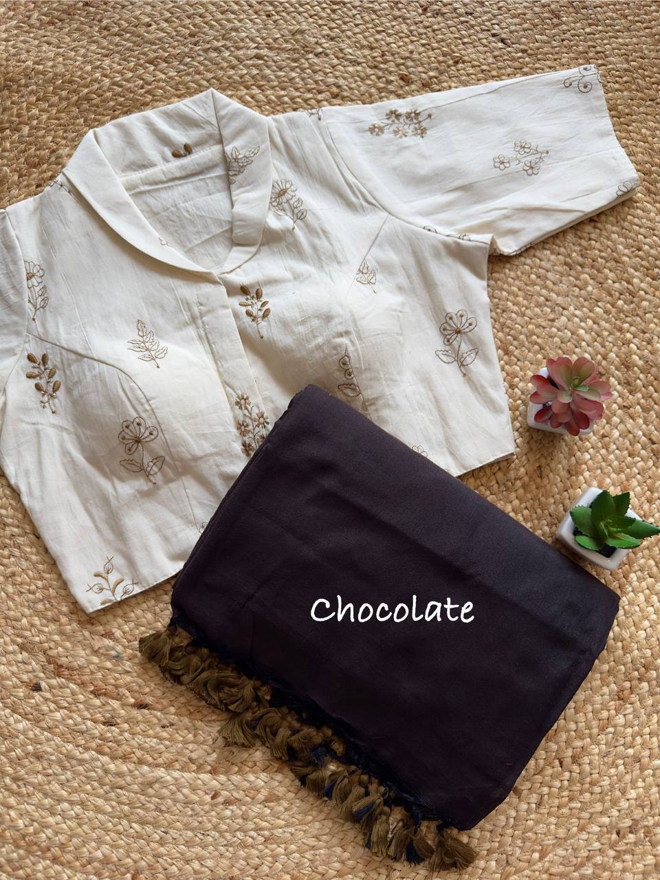 Elegant Pure Khadi Saree with Stitched Handcrafted Collar Blouse- Front Open