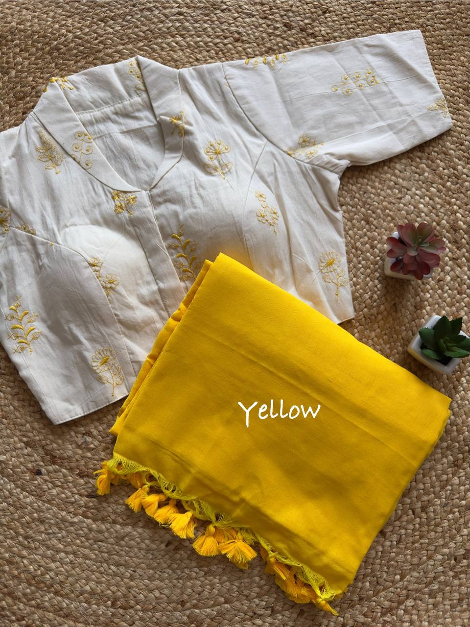 Elegant Pure Khadi Saree with Stitched Handcrafted Collar Blouse- Front Open