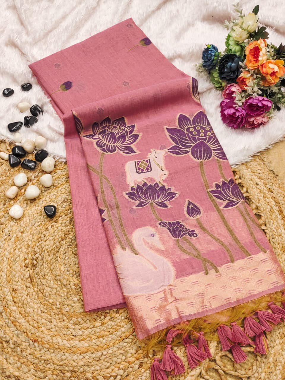 Premium Pichwai Soft Muga Cotton Saree with Swan & Lotus Weaving
