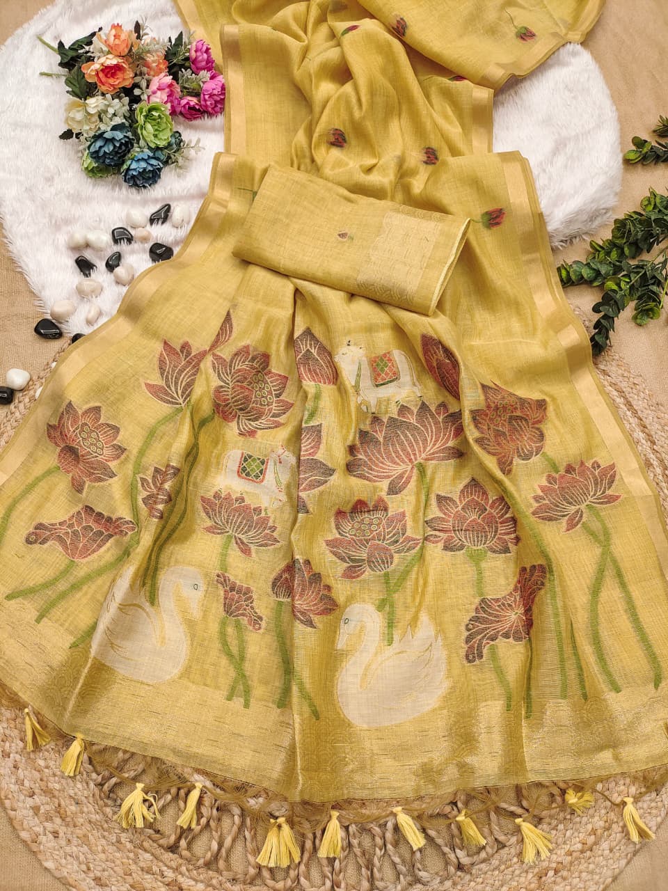Premium Pichwai Soft Muga Cotton Saree with Swan & Lotus Weaving