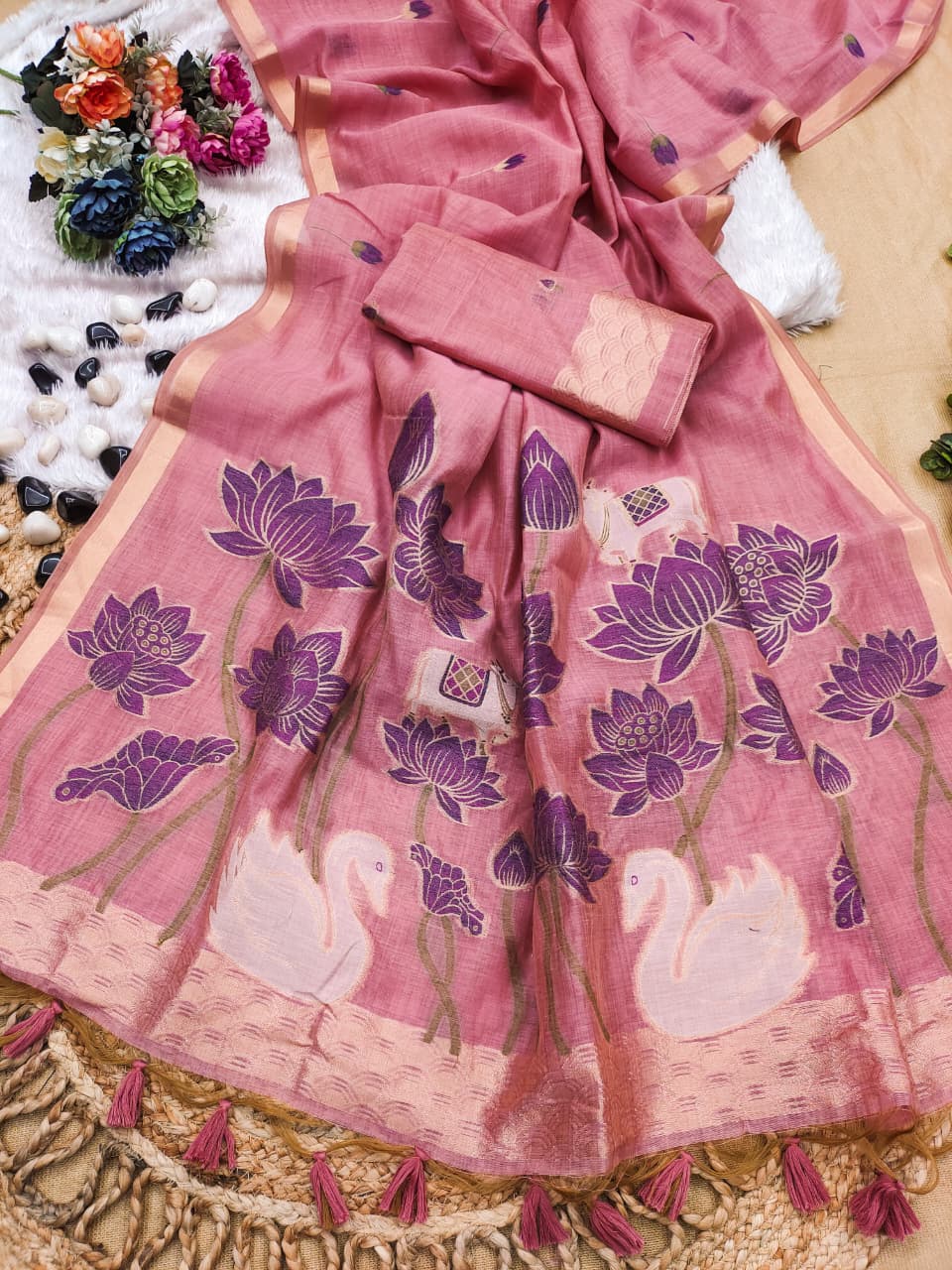 Premium Pichwai Soft Muga Cotton Saree with Swan & Lotus Weaving
