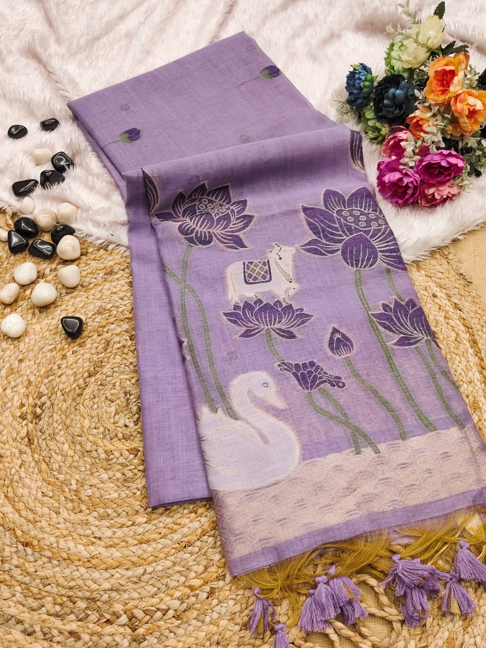 Premium Pichwai Soft Muga Cotton Saree with Swan & Lotus Weaving