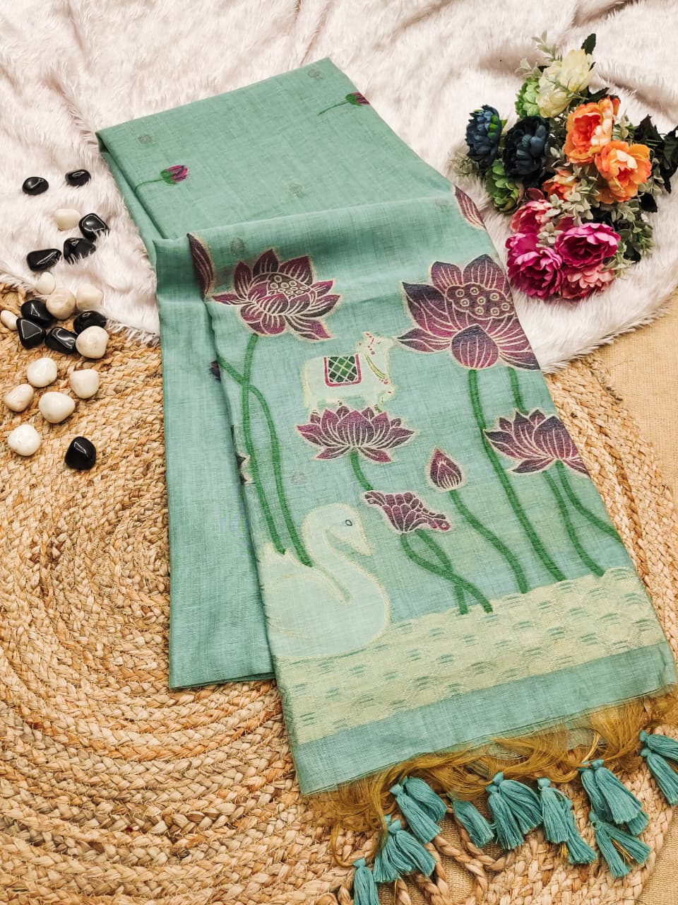 Premium Pichwai Soft Muga Cotton Saree with Swan & Lotus Weaving