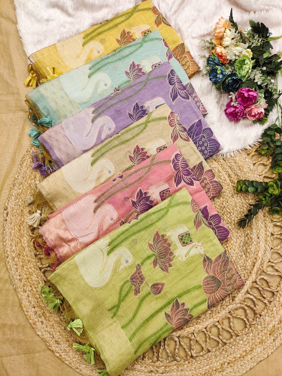 Premium Pichwai Soft Muga Cotton Saree with Swan & Lotus Weaving