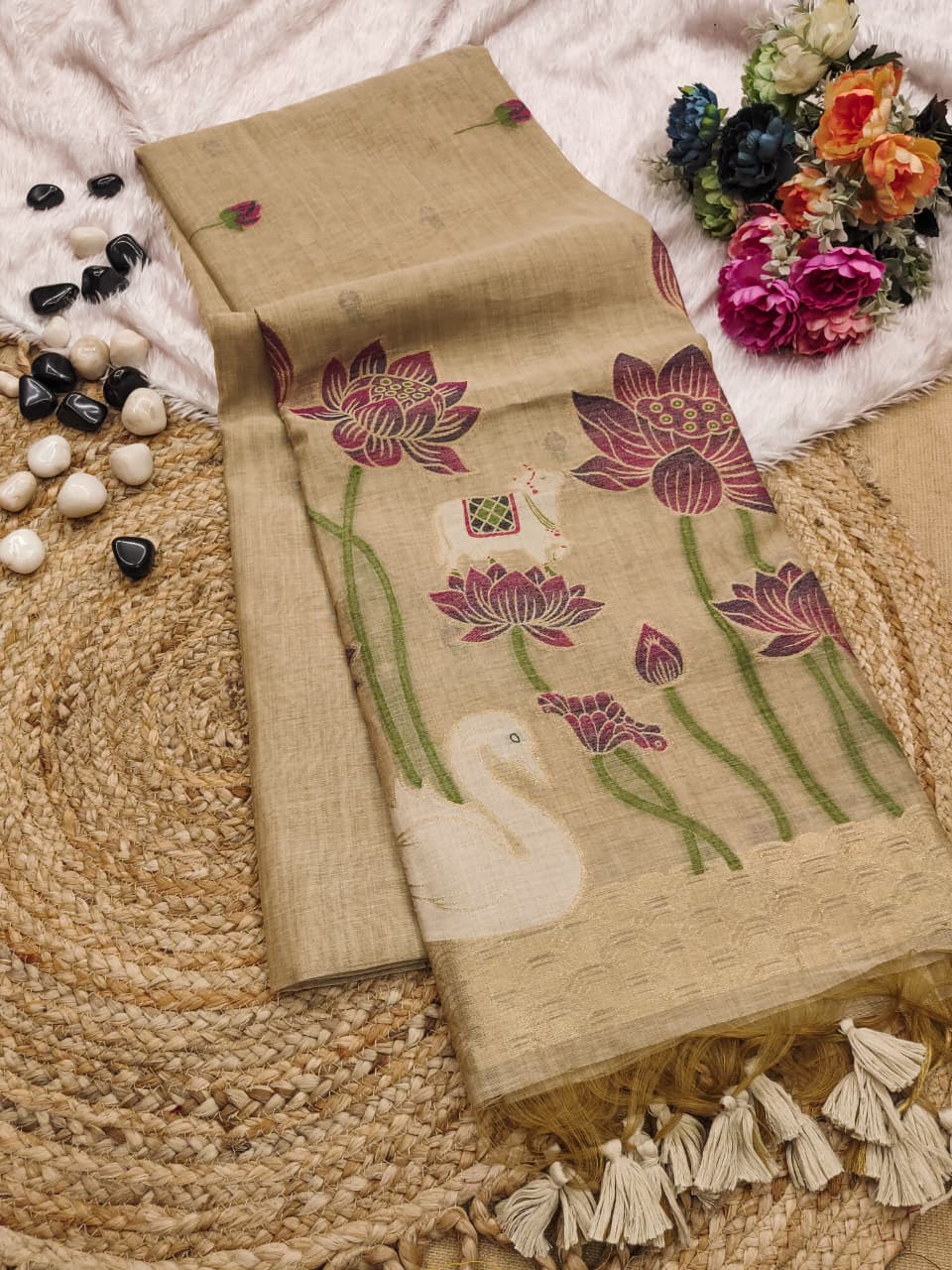 Premium Pichwai Soft Muga Cotton Saree with Swan & Lotus Weaving