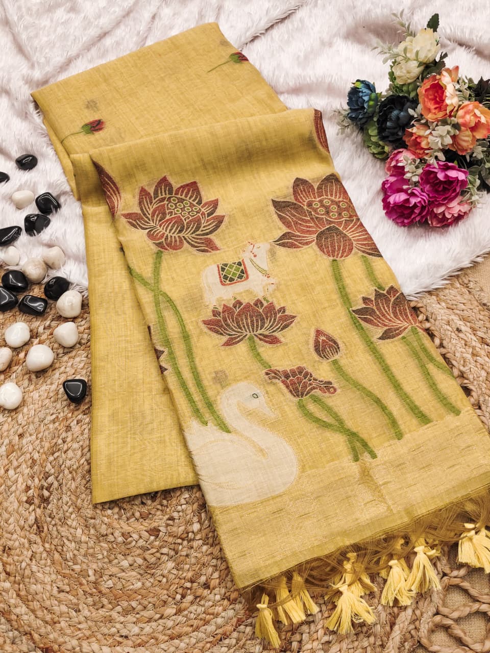 Premium Pichwai Soft Muga Cotton Saree with Swan & Lotus Weaving