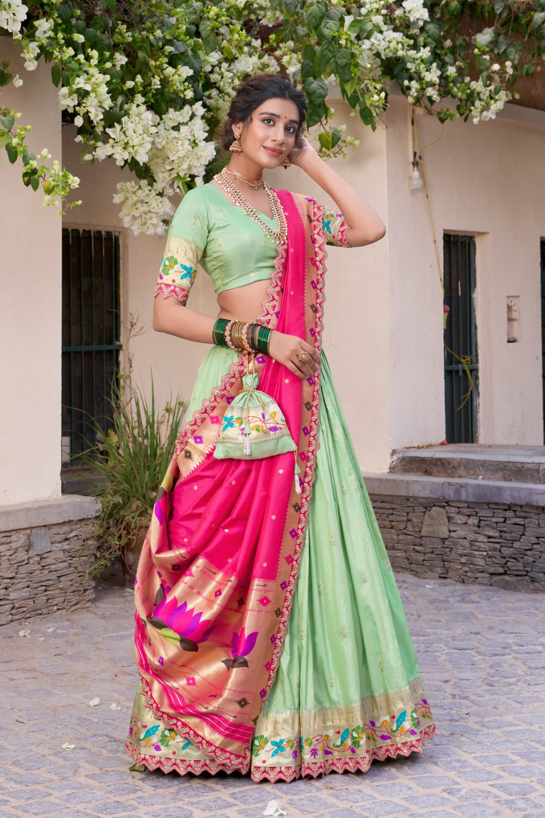 Paithani Jacquard Silk Lehenga Set with Zari Weaving & Embroidered Dupatta