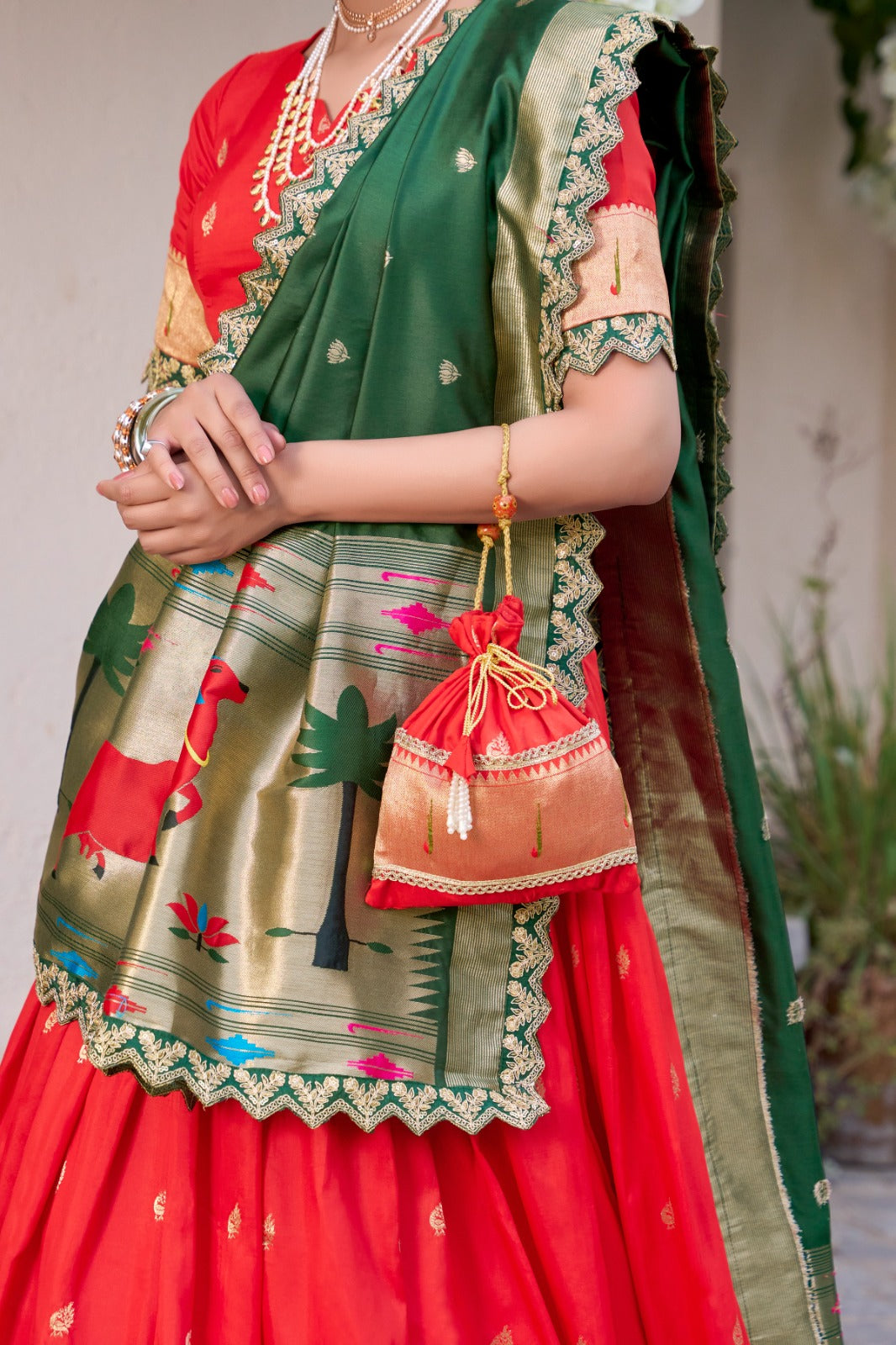 Paithani Jacquard Silk Lehenga Set with Zari Weaving & Embroidered Dupatta