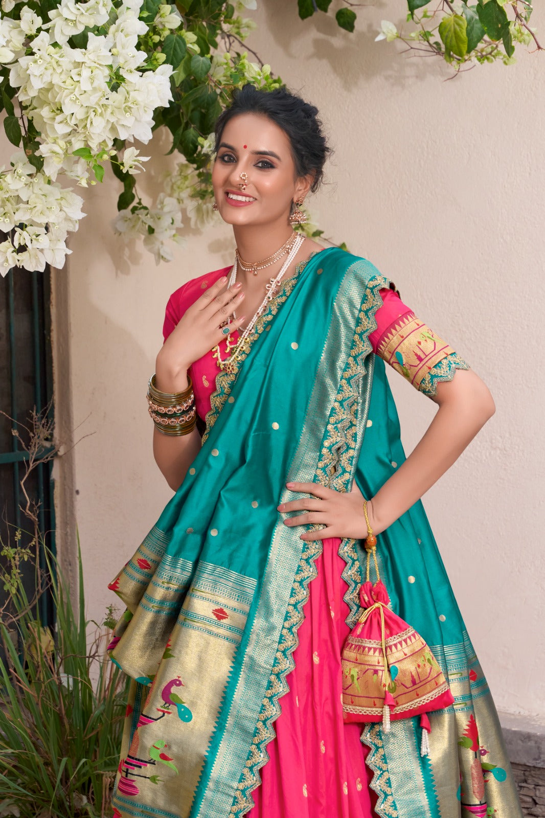 Paithani Jacquard Silk Lehenga Set with Zari Weaving & Embroidered Dupatta