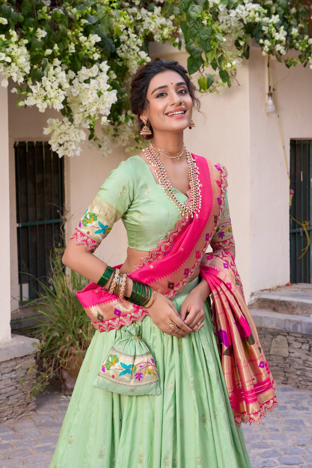Paithani Jacquard Silk Lehenga Set with Zari Weaving & Embroidered Dupatta