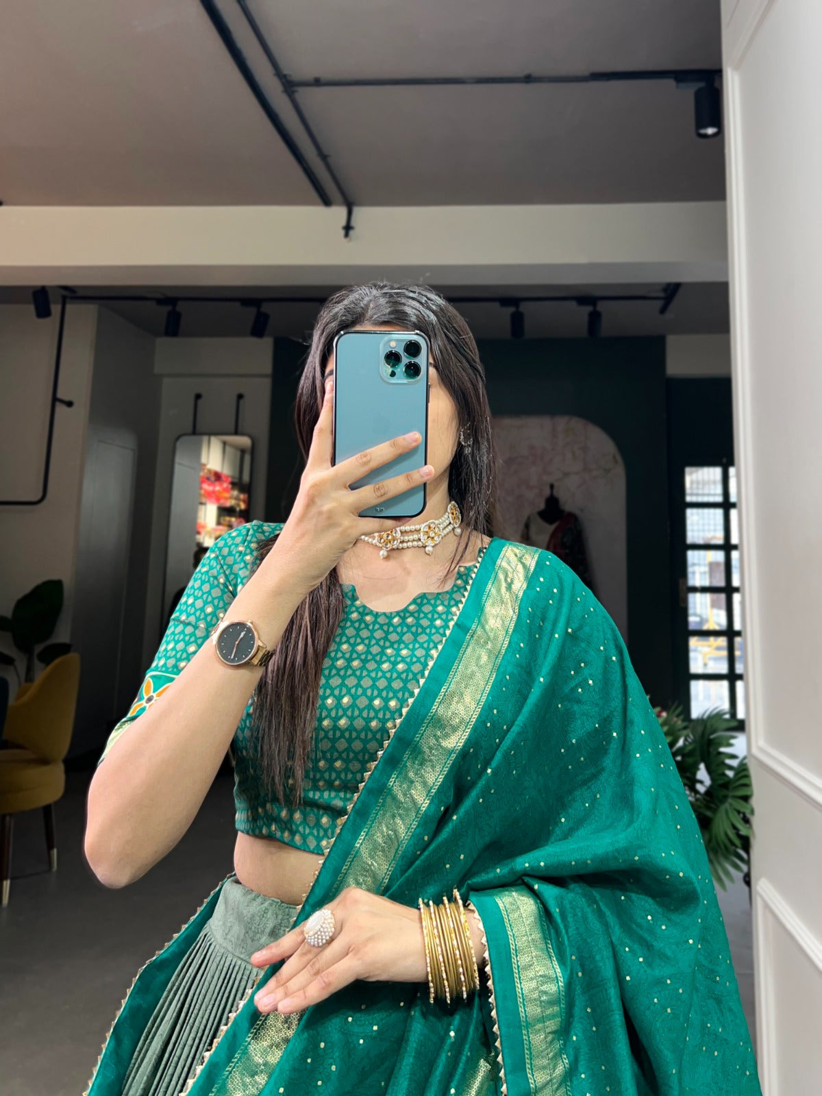 Emerald Green Tasar Silk Lehenga Choli with Floral & Foil Print Detailing