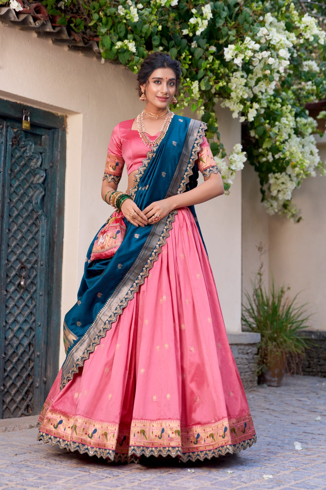Paithani Jacquard Silk Lehenga Set with Zari Weaving & Embroidered Dupatta