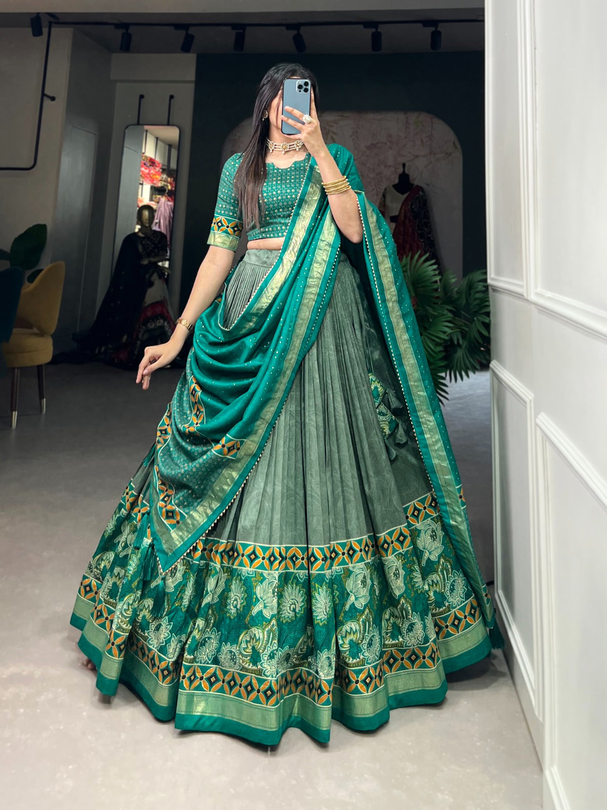 Emerald Green Tasar Silk Lehenga Choli with Floral & Foil Print Detailing