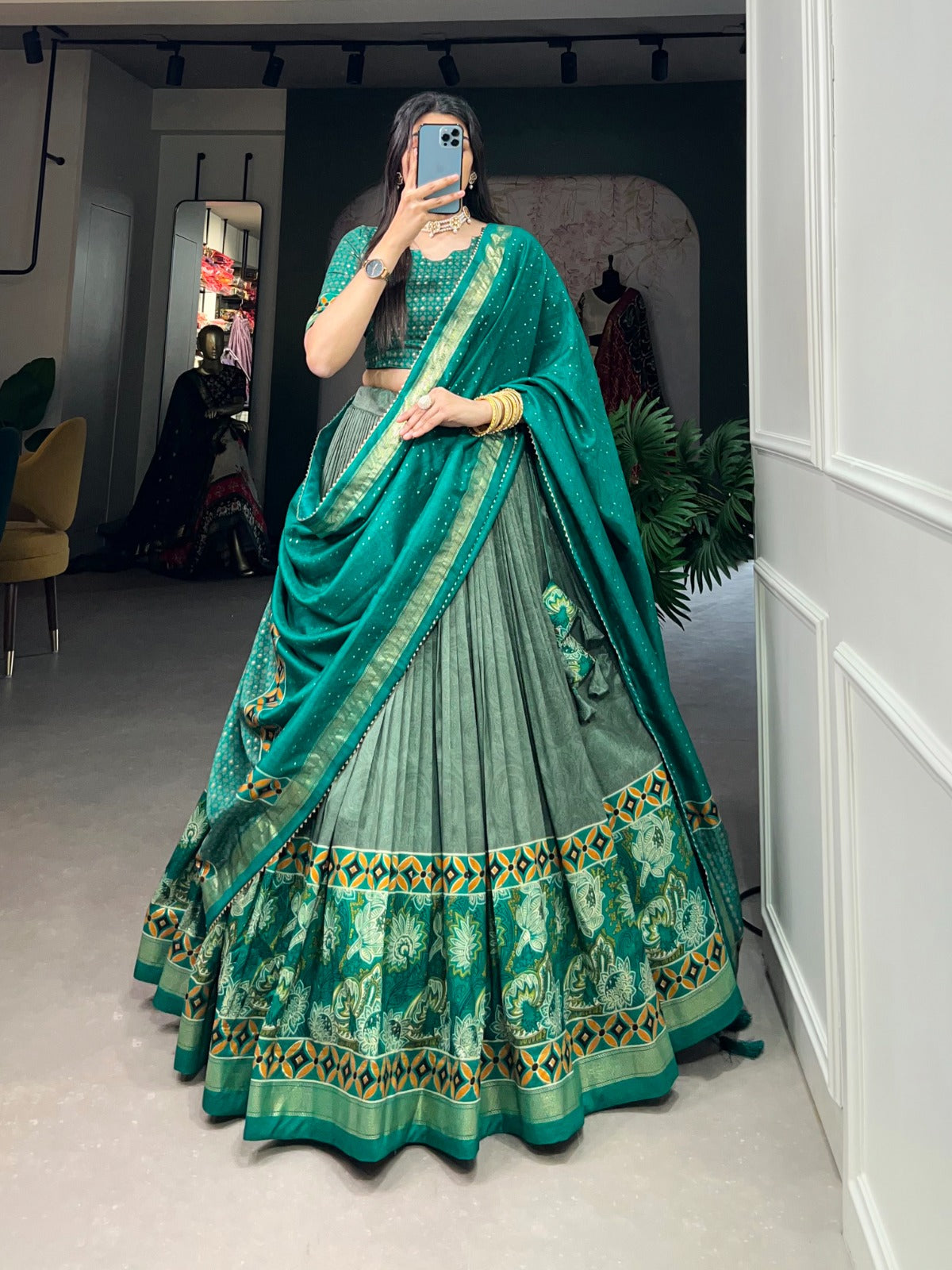 Emerald Green Tasar Silk Lehenga Choli with Floral & Foil Print Detailing