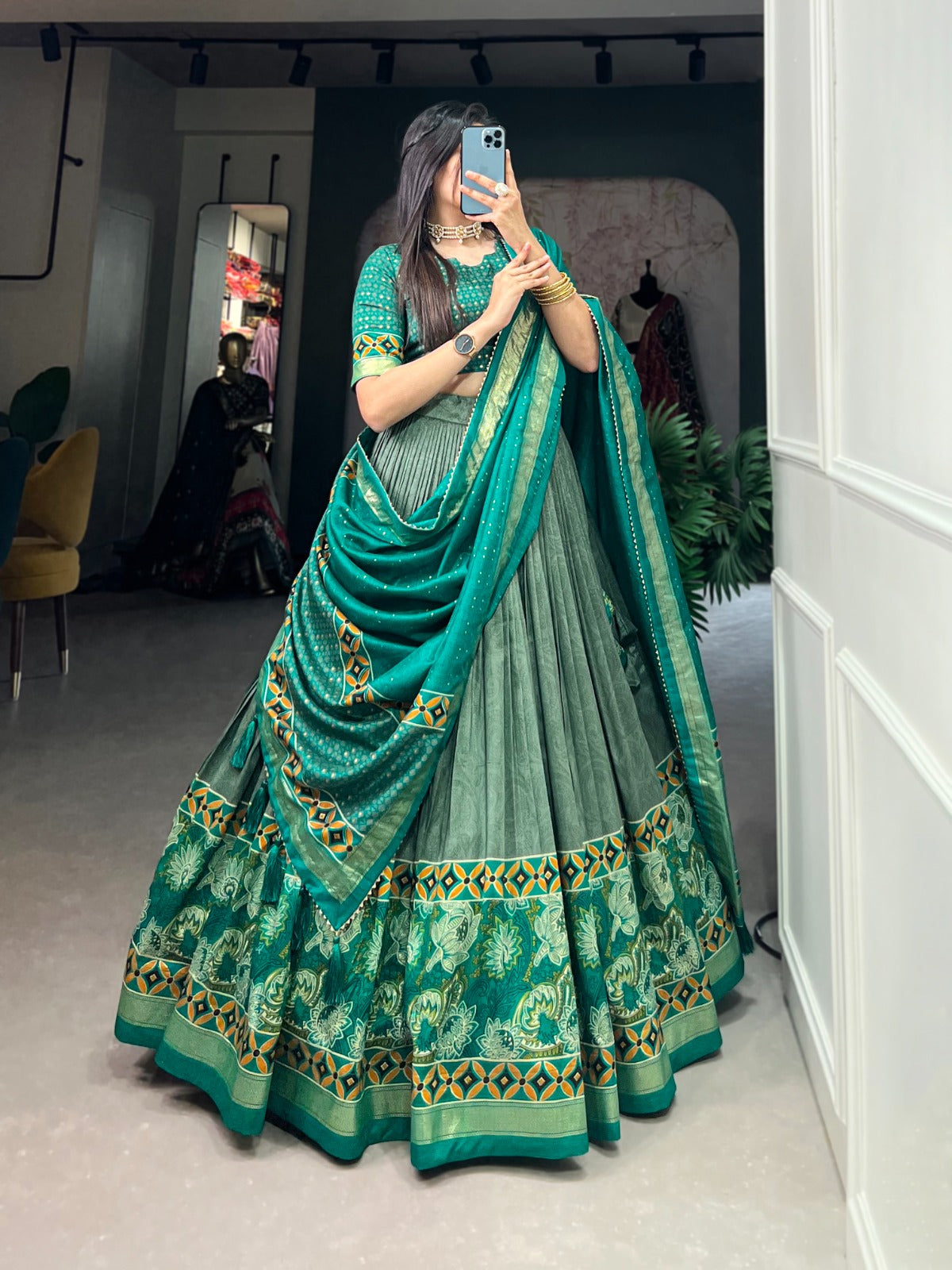 Emerald Green Tasar Silk Lehenga Choli with Floral & Foil Print Detailing