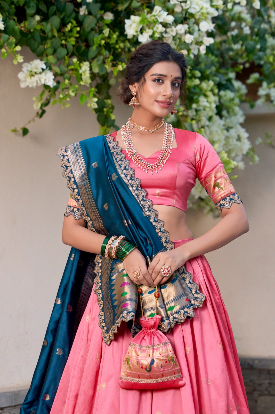 Paithani Jacquard Silk Lehenga Set with Zari Weaving & Embroidered Dupatta