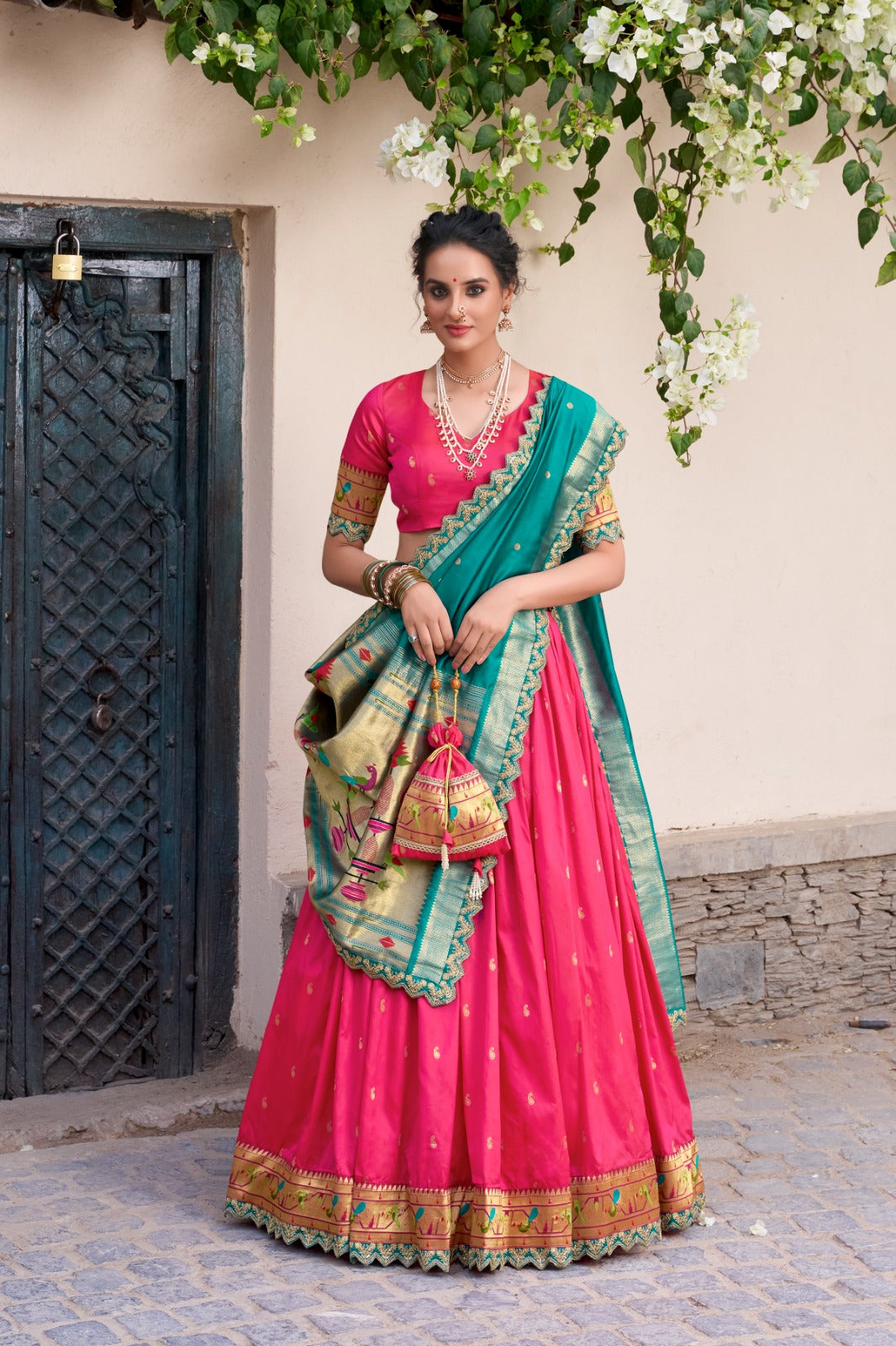 Paithani Jacquard Silk Lehenga Set with Zari Weaving & Embroidered Dupatta