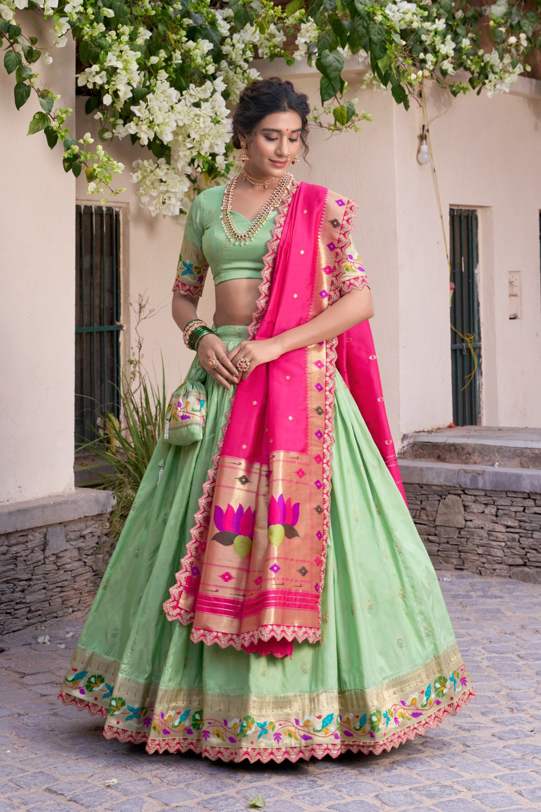 Paithani Jacquard Silk Lehenga Set with Zari Weaving & Embroidered Dupatta
