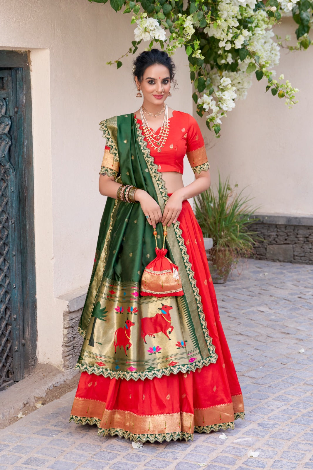 Paithani Jacquard Silk Lehenga Set with Zari Weaving & Embroidered Dupatta