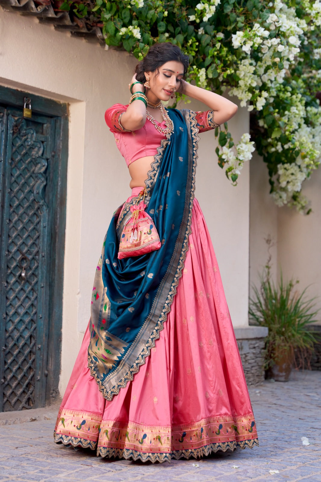 Paithani Jacquard Silk Lehenga Set with Zari Weaving & Embroidered Dupatta