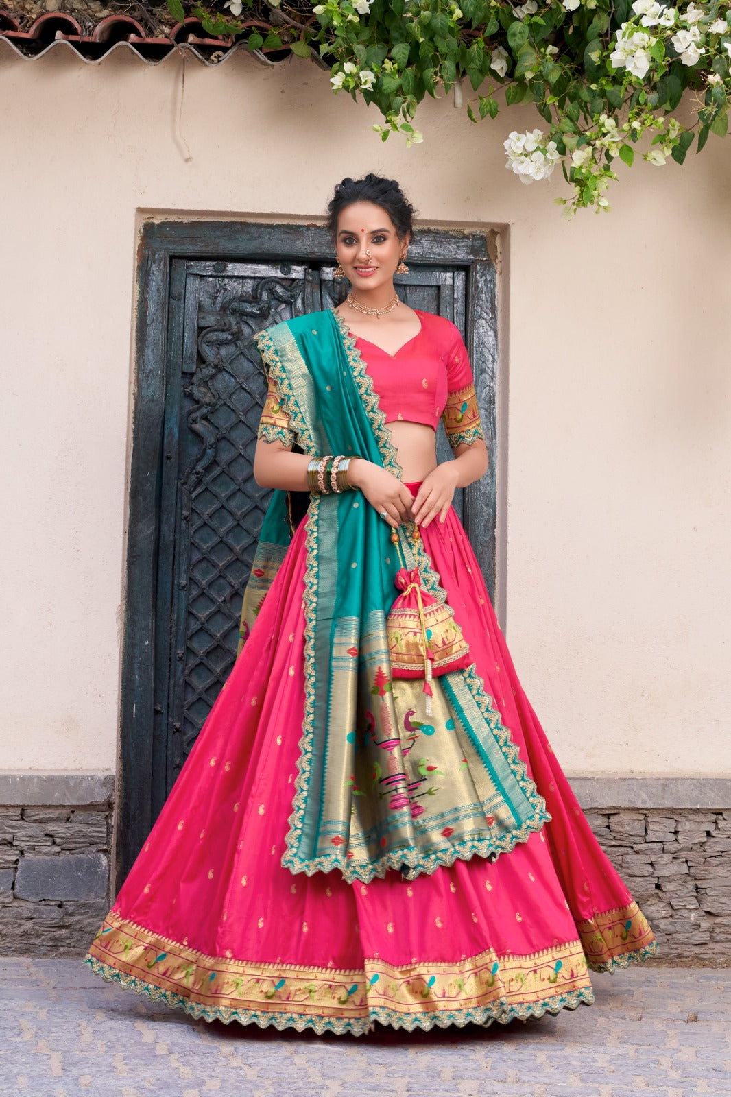 Paithani Jacquard Silk Lehenga Set with Zari Weaving & Embroidered Dupatta