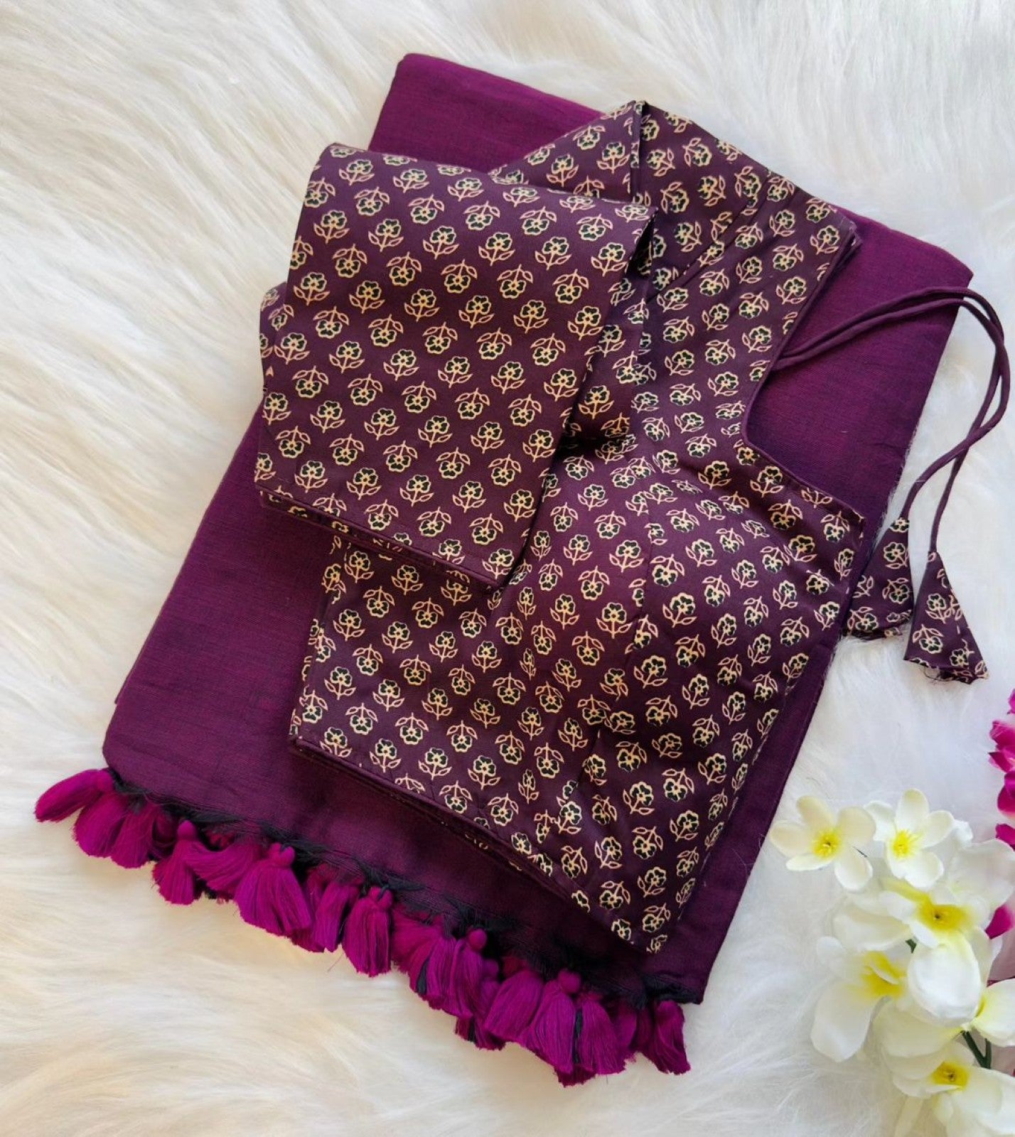 Pure Khadi Cotton Saree with Readymade Long Sleeves Ajrakh Print Blouse