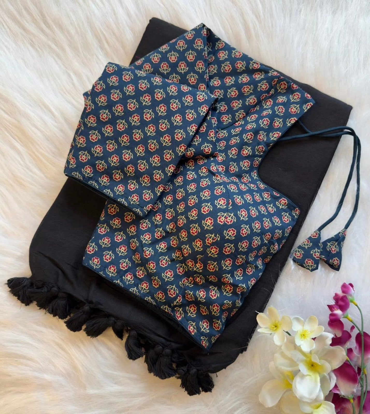 Pure Khadi Cotton Saree with Readymade Long Sleeves Ajrakh Print Blouse
