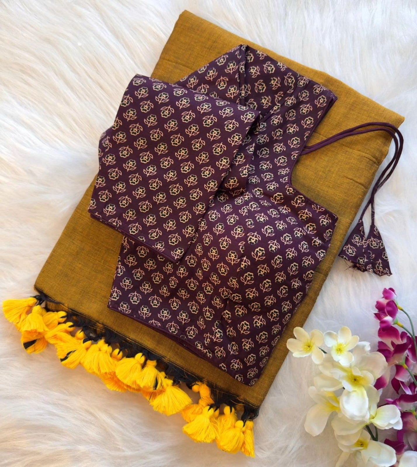 Pure Khadi Cotton Saree with Readymade Long Sleeves Ajrakh Print Blouse